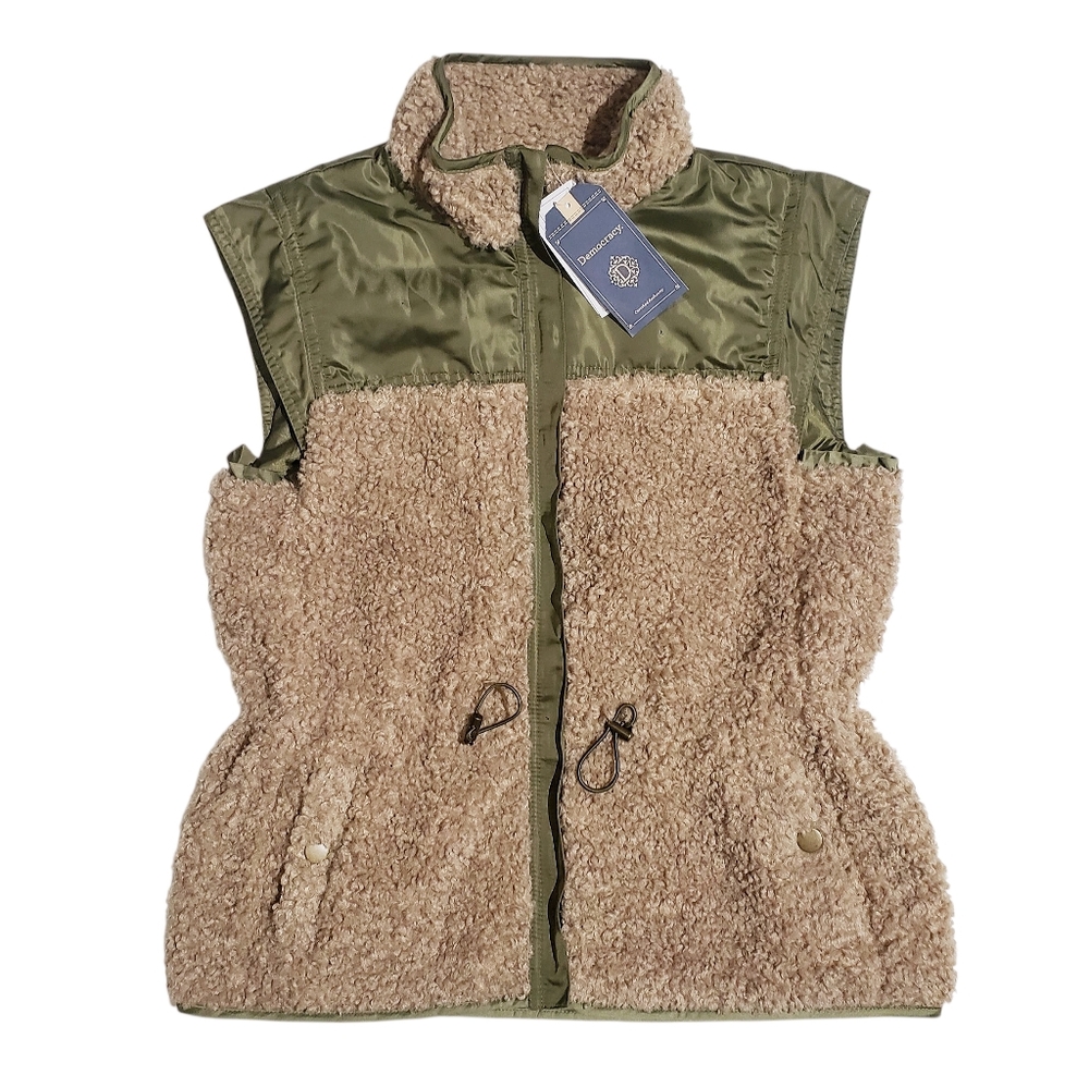 Democracy Womens Stand Up Collar Full Zip Mixed Media Vest Size XS Pebble Olive